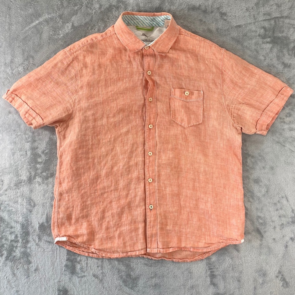 TOMMY BAHAMA Relax Shirt Mens Large Coral‎ Orange 100% Linen Short Sleeve